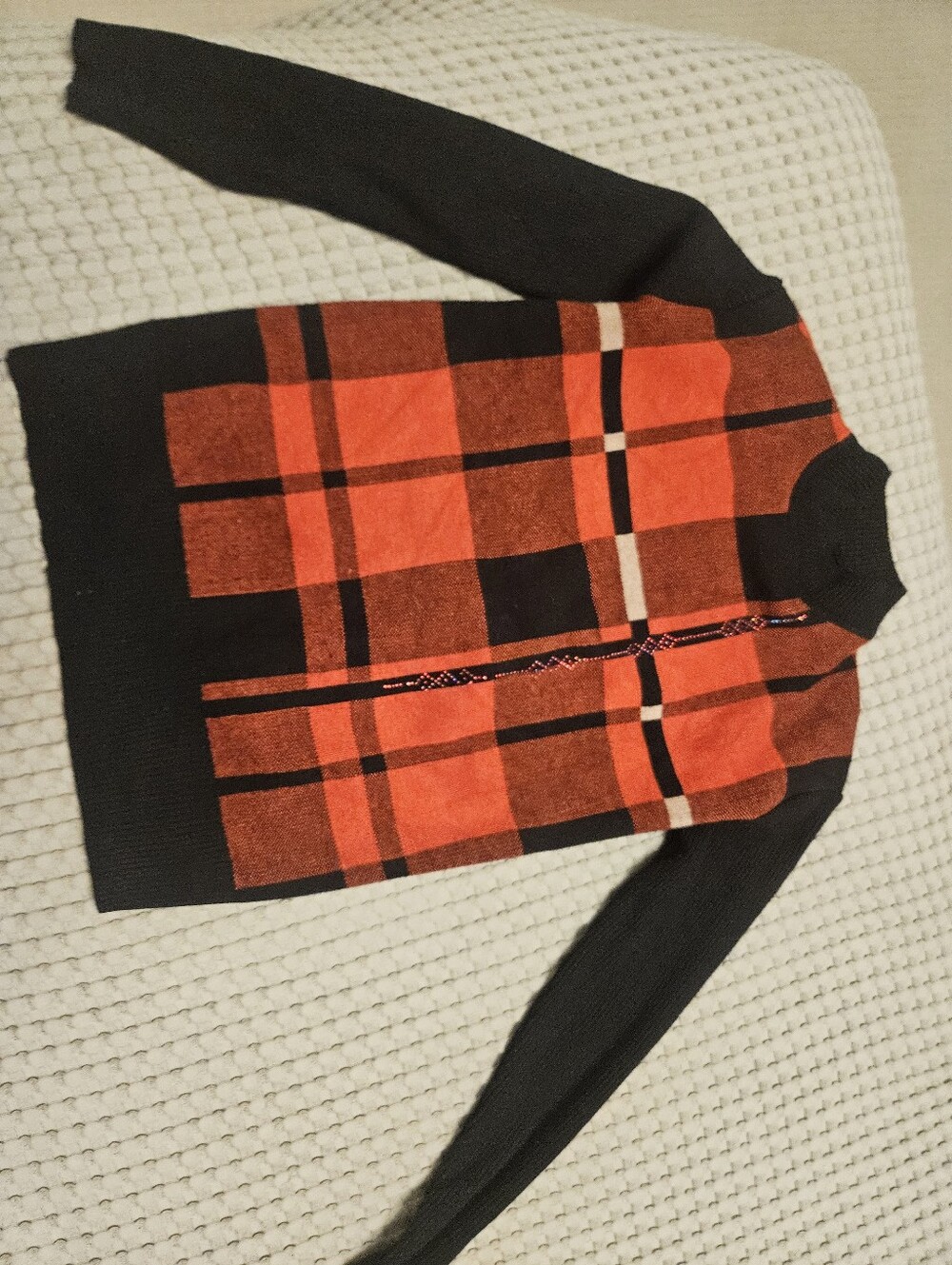 Y2K Orange/reddish Black Plaid Rhinestone Mock Neck Sweater Small McBling